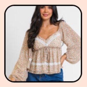 Pink Lilly In my dreams cream and brown floral blouse. XL